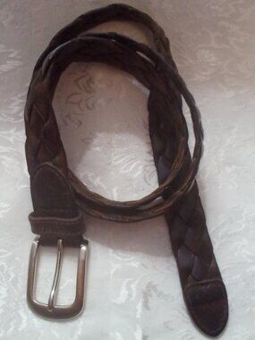 DOCKERS 40" x 1" FULL GRAIN 100% LEATHER BRAIDED SOLID BRASS SILVER TONE 2577